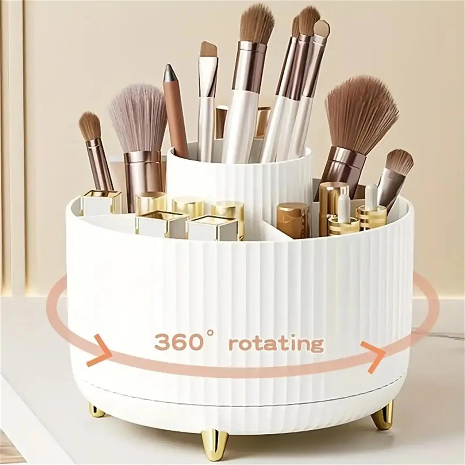 360° Rotating Makeup Organizer – Cosmetic Brush Holder with 5 Compartments