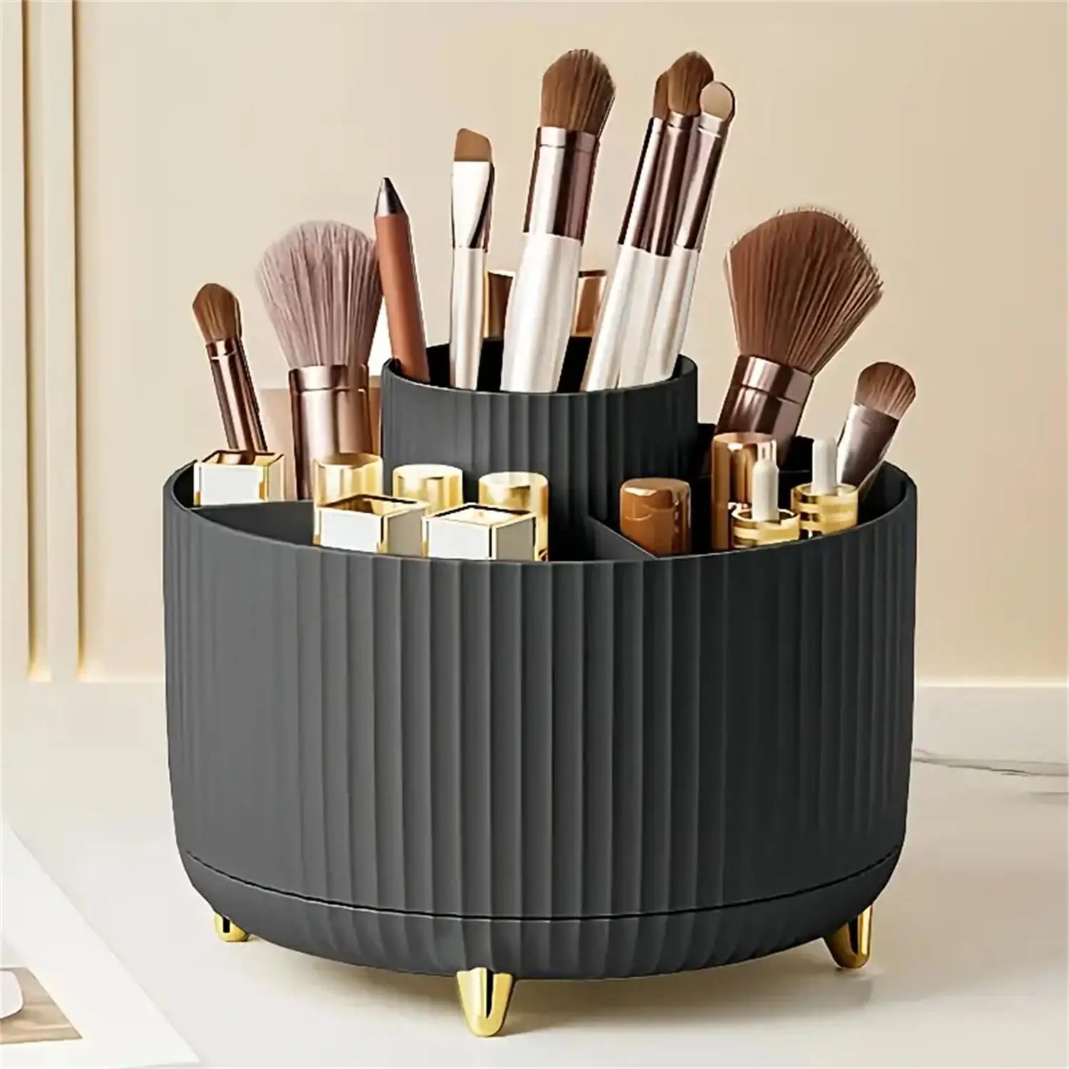 360° Rotating Makeup Organizer – Cosmetic Brush Holder with 5 Compartments
