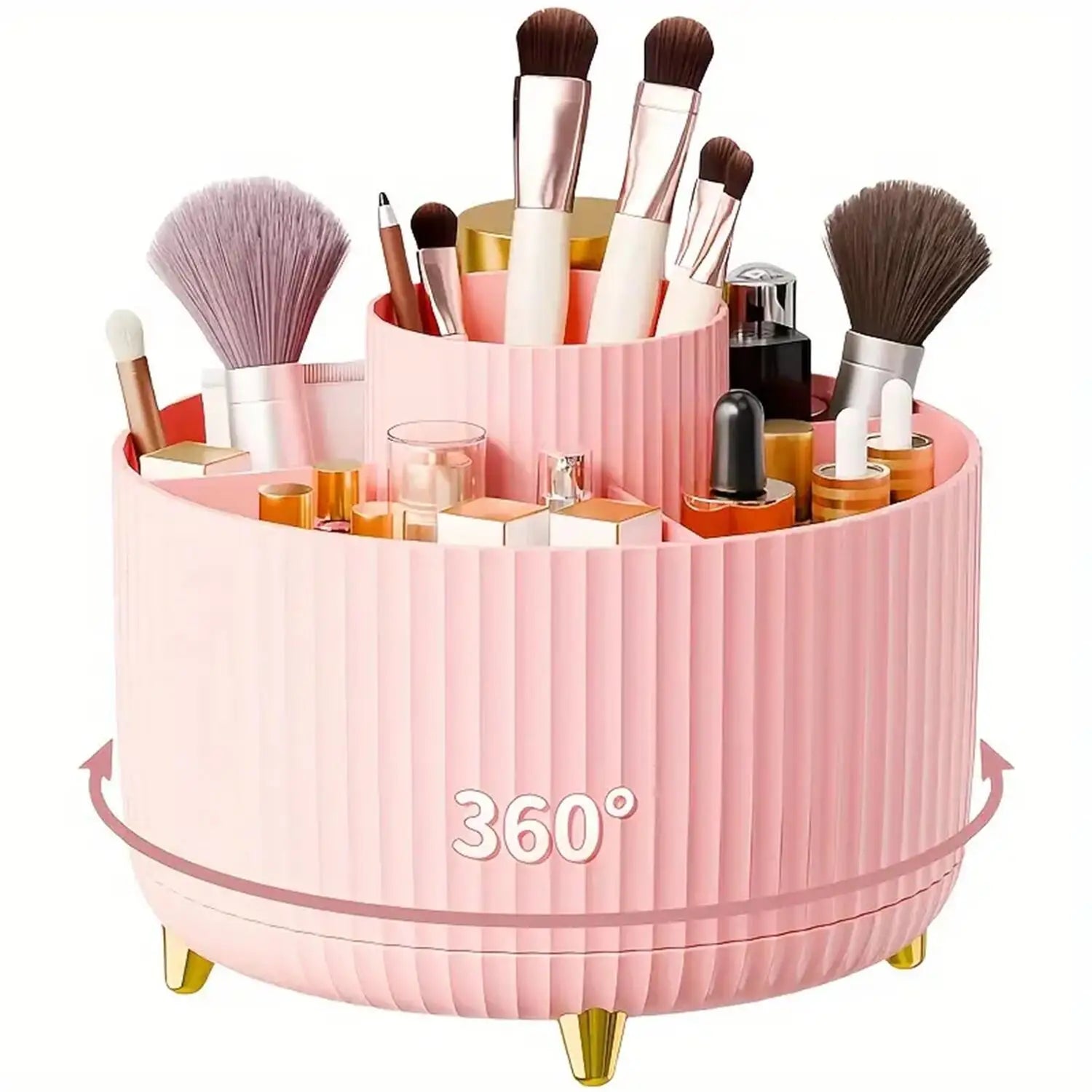 360° Rotating Makeup Organizer – Cosmetic Brush Holder with 5 Compartments