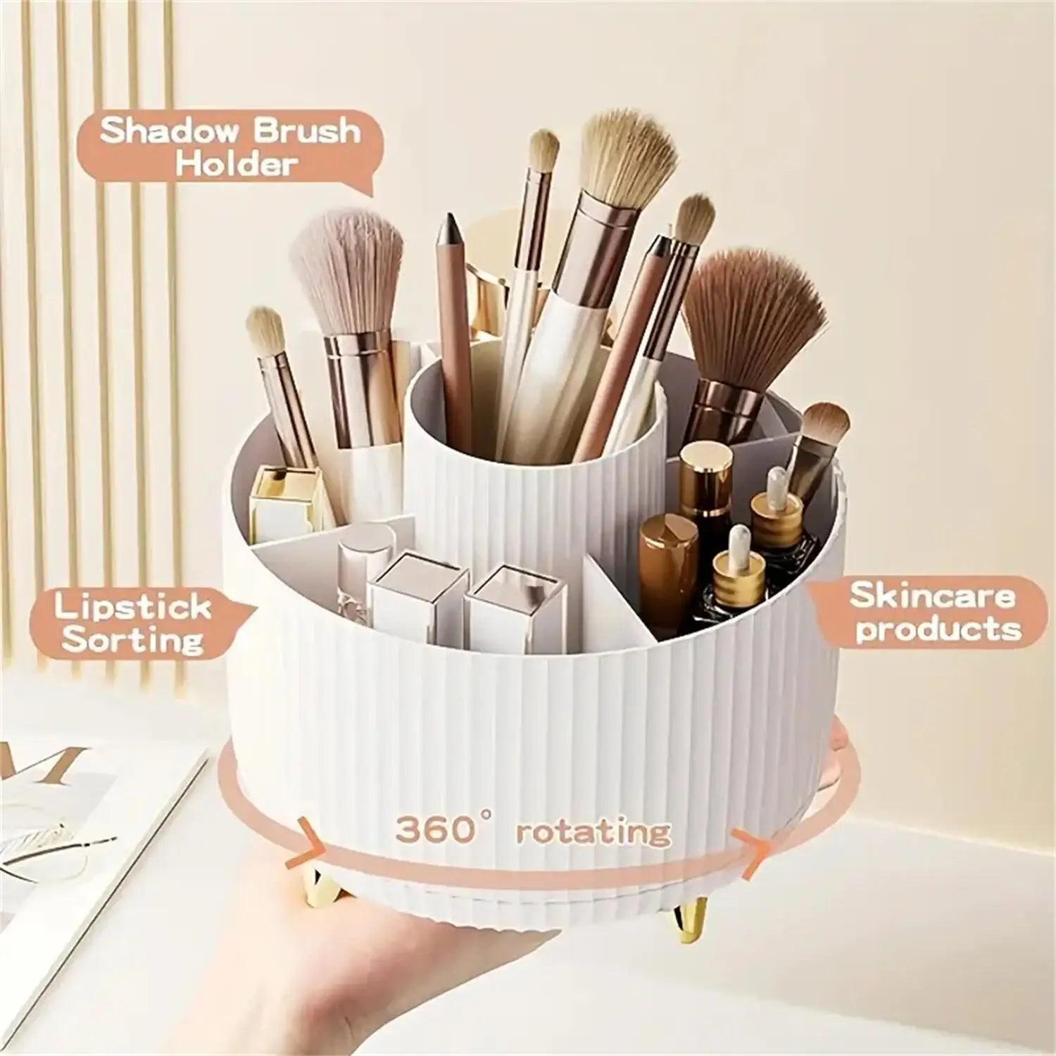 360° Rotating Makeup Organizer – Cosmetic Brush Holder with 5 Compartments